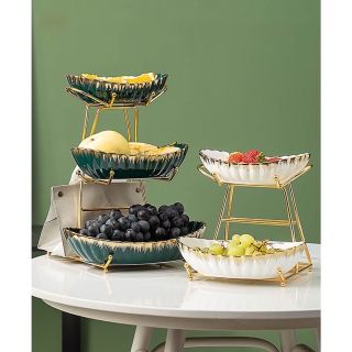 ￼ĐĨA 3 TẦNG SỨ TRẮNG XANH VIỀN VÀNG VÂN SỌC KÈM KỆ INOX CAO CẤP