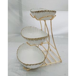 ￼ĐĨA 3 TẦNG SỨ TRẮNG XANH VIỀN VÀNG VÂN SỌC KÈM KỆ INOX CAO CẤP