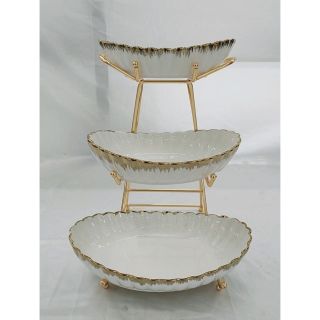 ￼ĐĨA 3 TẦNG SỨ TRẮNG XANH VIỀN VÀNG VÂN SỌC KÈM KỆ INOX CAO CẤP