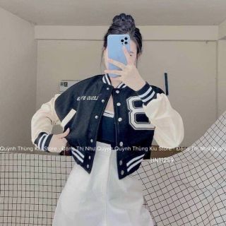 Áo khoác bomber croptop Chữ B nữ dáng lửng cánh dơi Phối tay trắng rộng bấm cúc sexy mẫu mới Áo khoác bomber croptop Chữ B nữ dáng lửng cánh dơi Phối tay trắng rộng bấm cúc sexy mẫu mới