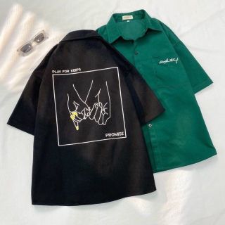 Áo sơ mi nam nữ unisex ngắn tay logo thêu PROMISE chất da lộn mịn đẹp có túi trước ngực