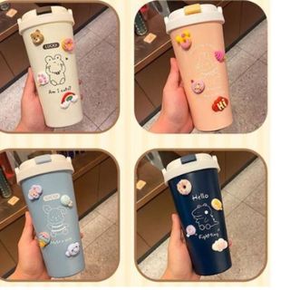 Bình Nước Giữ Nhiệt Lõi Inox 500ML Tặng Sticker Dán Kèm Dây Đeo Khóa An Toàn Tiện Lợi, Bình Nước Cute Giữ Nhiệt Đi Học