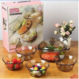 [ Kèm vỏ hộp đẹp ] COMBO BỘ 5 MÓN NỒI & 4 BÁT THUỶ TINH CHỊU NHIỆT- NỒI THUỶ TINH