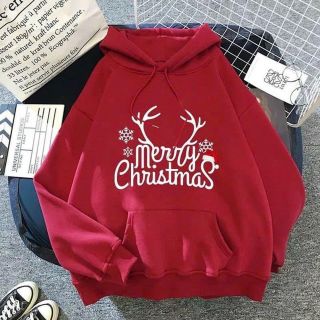 Áo hoodie đỏ Noel Unisex form rộng hoạ tiết merry christmas, chất nỉ bông mềm mịn mát.