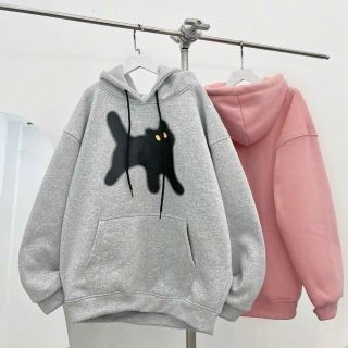 Áo hoodie in mèo đen nón rộng 2 lớp, form rộng 75kg,vải dày mịn, chống nắng tốt. Nách rộng tay phồng, diễu chằn mí lai,vai và nách