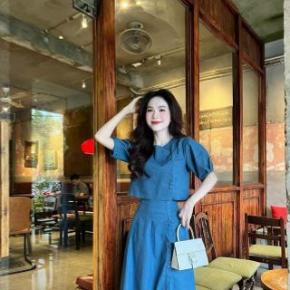 Sét 2 món áo Croptop tay phổng kèm chân váy dài chất jeans cứng sang chảnh