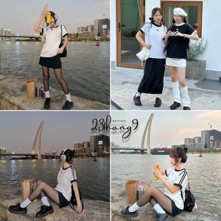 Áo thun baby tee chạy sọc tay, logo in B, chất cotton borip xịn, co giãn tốt Áo thun baby tee chạy sọc tay, logo in B, chất cotton borip xịn, co giãn tốt