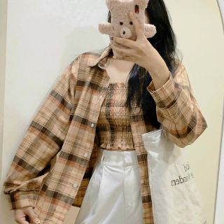 Set áo ống kèm áo sơ mi khoác ngoài sọc caro Set áo ống kèm áo sơ mi khoác ngoài sọc caro