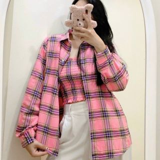 Set áo ống kèm áo sơ mi khoác ngoài sọc caro Set áo ống kèm áo sơ mi khoác ngoài sọc caro