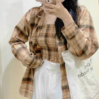 Set áo ống kèm áo sơ mi khoác ngoài sọc caro Set áo ống kèm áo sơ mi khoác ngoài sọc caro