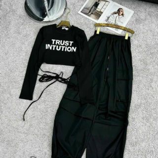 Set áo Croptop tay dài chất thun tăm + quần jogger tuyết mưa dày dặn freesize dưới 55kg