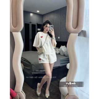 Bộ tay lỡ quần short thêu tim Chất thun conton, thấm hút mồ hôi tốt freesize dưới 70kg