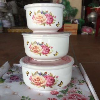 Bộ 3 Bát Sứ Nắp Hít Chân Không/ Lạnh Không Tai (THÙNG 28B)