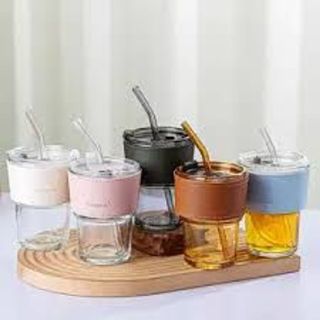 Ly thủy tinh bọc da 450ml có ống hút và dây treo - ca uống nước 420ml trong suốt có bao da cách nhiệt