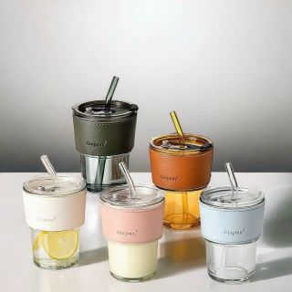 Ly thủy tinh bọc da 450ml có ống hút và dây treo - ca uống nước 420ml trong suốt có bao da cách nhiệt