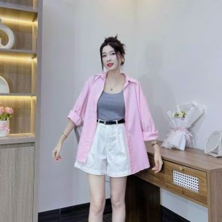 Set 3 món áo 2 dây bản to, quần short cứng, khoác sơ mi kèm nịt freesize dưới 55kg