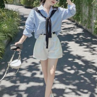 sét 4 món áo sơ mi kate , quần kaki mềm +áo khoác mỏng kèm nịt freesize dưới 55kg