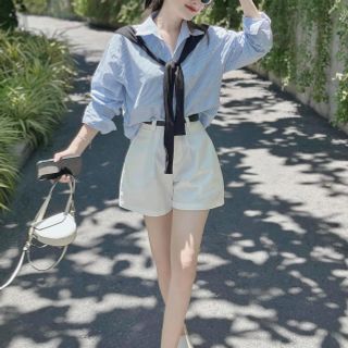 sét 4 món áo sơ mi kate , quần kaki mềm +áo khoác mỏng kèm nịt freesize dưới 55kg