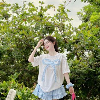 Set áo tay lỡ đính nơ bèo, chân váy sọc xanh trắng