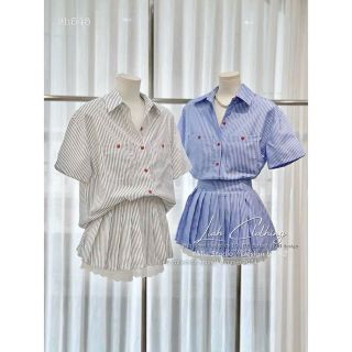 sét 2 món,kate lụa sọc,logo thêu,chân váy xếp ly,có quần lót phối dưới 55kg.