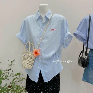 Áo sơ mi sọc thêu Nơ Chất kate freesize dưới 58kg