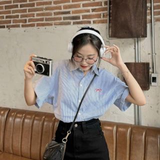 Áo sơ mi sọc thêu Nơ Chất kate freesize dưới 58kg