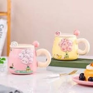 Cốc sứ quai xách chùm bóng[Tặng kèm thìa] nhiều họa tiết nổi cực đẹp nhiều màu kèm hộp đựng