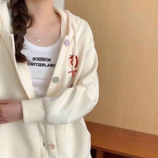 Áo khoác cadigan gài nút có nón 2 lớp rộng, logo thêu trái cây, freesize dưới 70kg