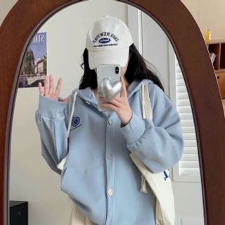 Áo khoác cadigan gài nút có nón 2 lớp rộng, logo thêu trái cây, freesize dưới 70kg