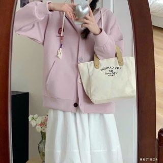 Áo khoác cadigan gài nút có nón 2 lớp rộng, logo thêu trái cây, freesize dưới 70kg