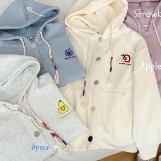 Áo khoác cadigan gài nút có nón 2 lớp rộng, logo thêu trái cây, freesize dưới 70kg