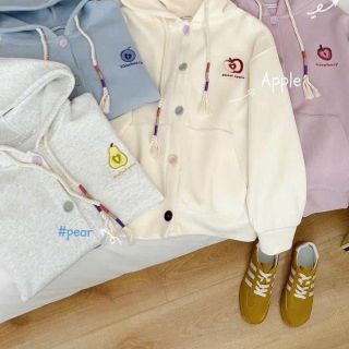 Áo khoác cadigan gài nút có nón 2 lớp rộng, logo thêu trái cây, freesize dưới 70kg