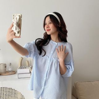 Áo sơ mi babydoll BÈO NGỰC Freesize dưới 58kg chất đũi xốp