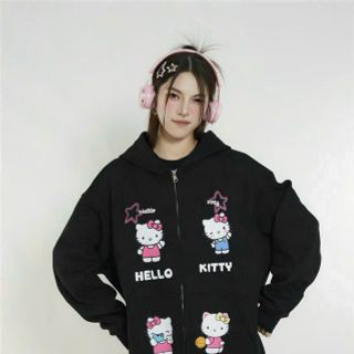 Áo khoác in hoạ tiết KITTY không lem freesize dưới 75kg, nón 2 lớp vải chính, dây kéo phao.tay rộng