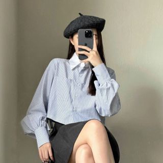 ÁO SƠ MI CROPTOP phối CỔ TRẮNG Chất vải kate sọc mát freesize dưới 55kg