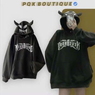 Áo hoodie nón 2 sừng in mặt quỷ, NEVER HOOD chất nỉ mềm mịn, logo in,form rộng freesize dưới70kg Áo hoodie nón 2 sừng in mặt quỷ, NEVER HOOD chất nỉ mềm mịn, logo in,form rộng freesize dưới70kg