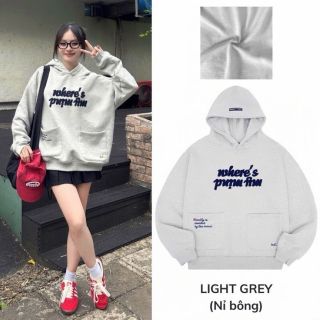 Áo hoodie in WHERE'S PUIM FIM tay phồng nón rộng, chất thun nỉ dày mịn mát freesize dưới 70kg