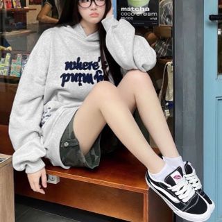 Áo hoodie in WHERE'S PUIM FIM tay phồng nón rộng, chất thun nỉ dày mịn mát freesize dưới 70kg