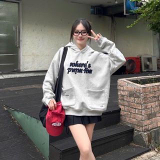 Áo hoodie in WHERE'S PUIM FIM tay phồng nón rộng, chất thun nỉ dày mịn mát freesize dưới 70kg