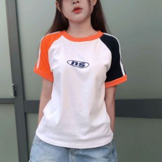 Áo baby tee chất thun cotton tay raplag phối màu cam xanh trắng hot trend