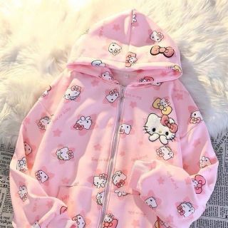 Áo khoác hoodie zip in HELLO KTTY chất nit bông dày mịn freesize dưới 70kg Áo khoác hoodie zip in HELLO KTTY chất nit bông dày mịn freesize dưới 70kg