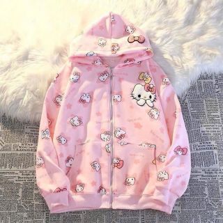 Áo khoác hoodie zip in HELLO KTTY chất nit bông dày mịn freesize dưới 70kg Áo khoác hoodie zip in HELLO KTTY chất nit bông dày mịn freesize dưới 70kg