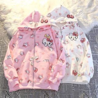 Áo khoác hoodie zip in HELLO KTTY chất nit bông dày mịn freesize dưới 70kg Áo khoác hoodie zip in HELLO KTTY chất nit bông dày mịn freesize dưới 70kg