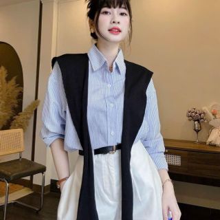 SET 4 món áo sơ mi sọc chất kate, khăn choàng, quần kaki mềm kèm dây nịt Freesize dưới 55kg