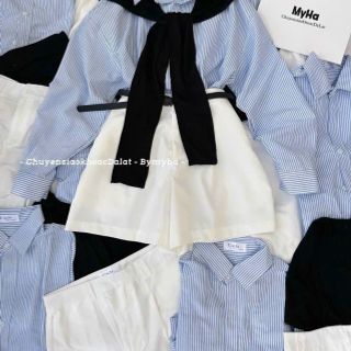 SET 4 món áo sơ mi sọc chất kate, khăn choàng, quần kaki mềm kèm dây nịt Freesize dưới 55kg