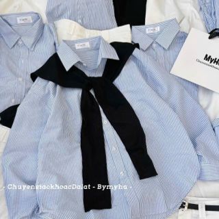 SET 4 món áo sơ mi sọc chất kate, khăn choàng, quần kaki mềm kèm dây nịt Freesize dưới 55kg