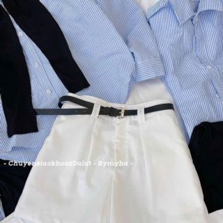 SET 4 món áo sơ mi sọc chất kate, khăn choàng, quần kaki mềm kèm dây nịt Freesize dưới 55kg