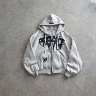 Áo khoác hoodie zip in chữ nổi PREFACE dây kéo 2 đầu Áo khoác hoodie zip in chữ nổi PREFACE dây kéo 2 đầu