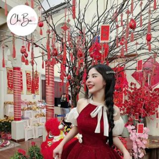 Đầm Nhung ánh kim đỏ cổ yếm rớt vai siêu xinh …