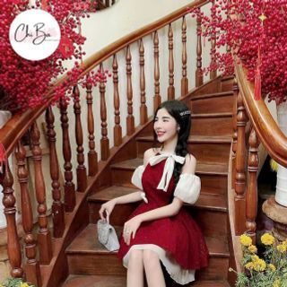 Đầm Nhung ánh kim đỏ cổ yếm rớt vai siêu xinh …